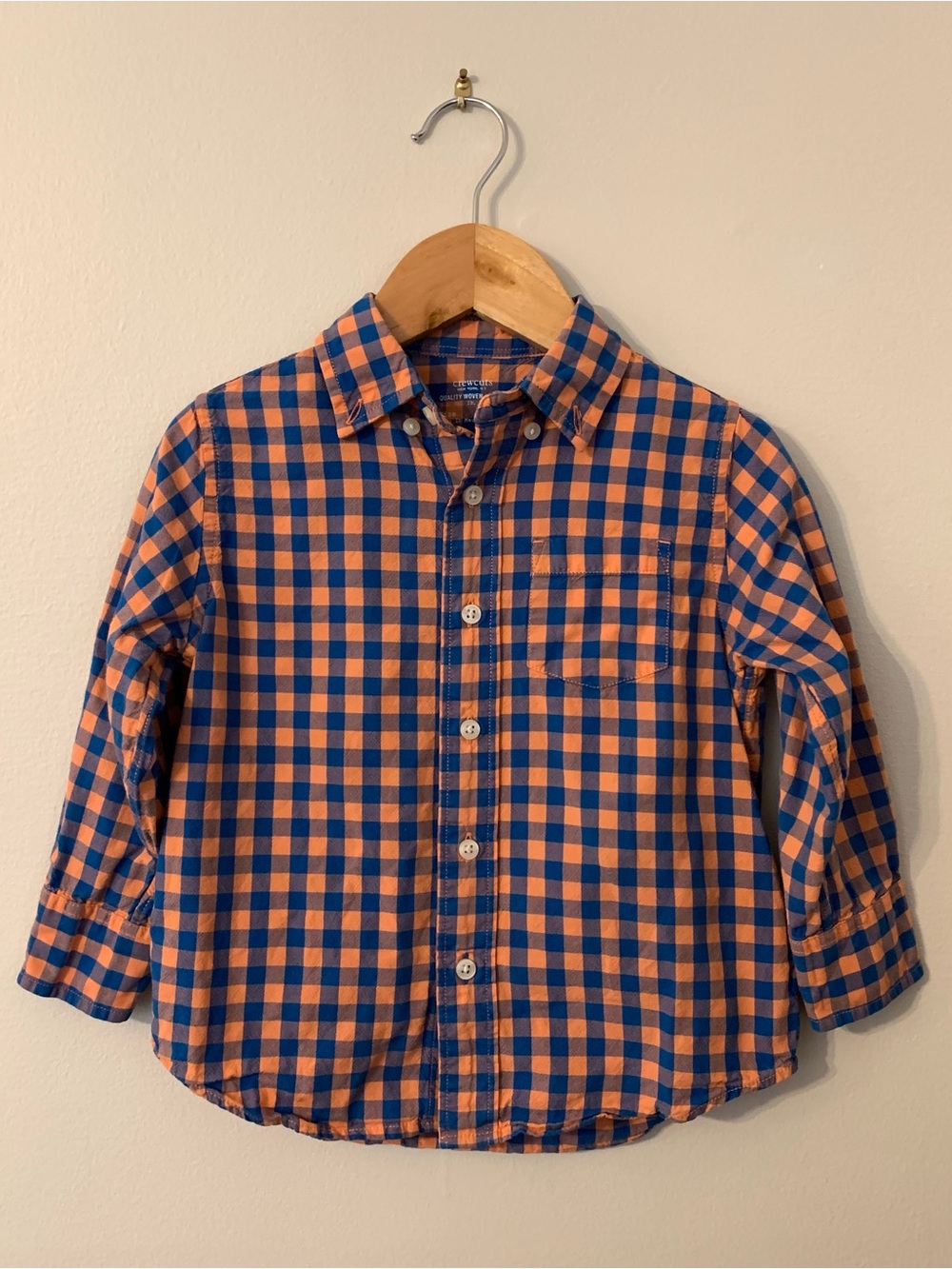 CREWCUTS Boys Button Down Shirt Size 3T Tangerine Orange & Blue Gingham EUC